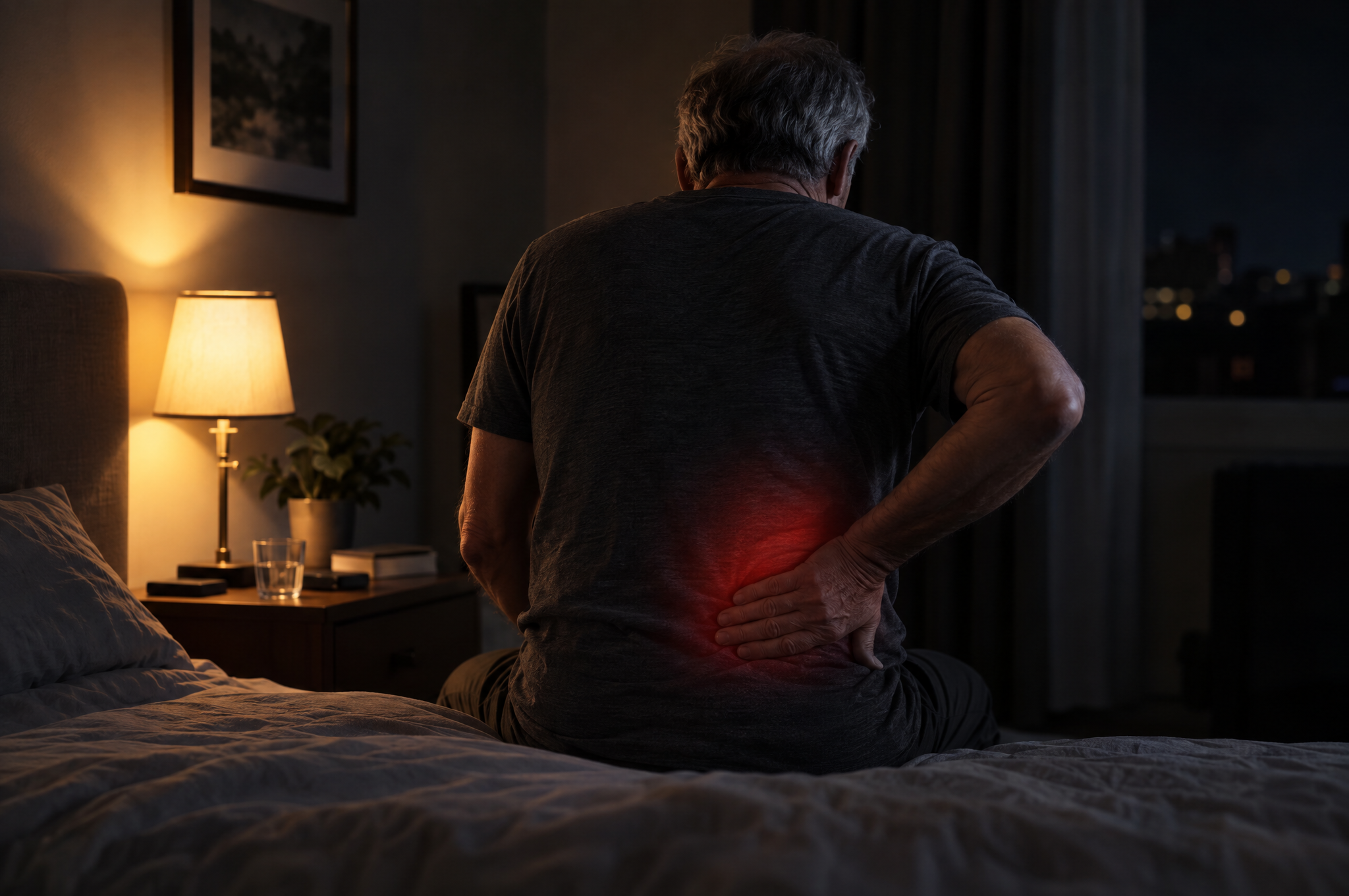 Man with lower back kidney pain sitting on bed at night